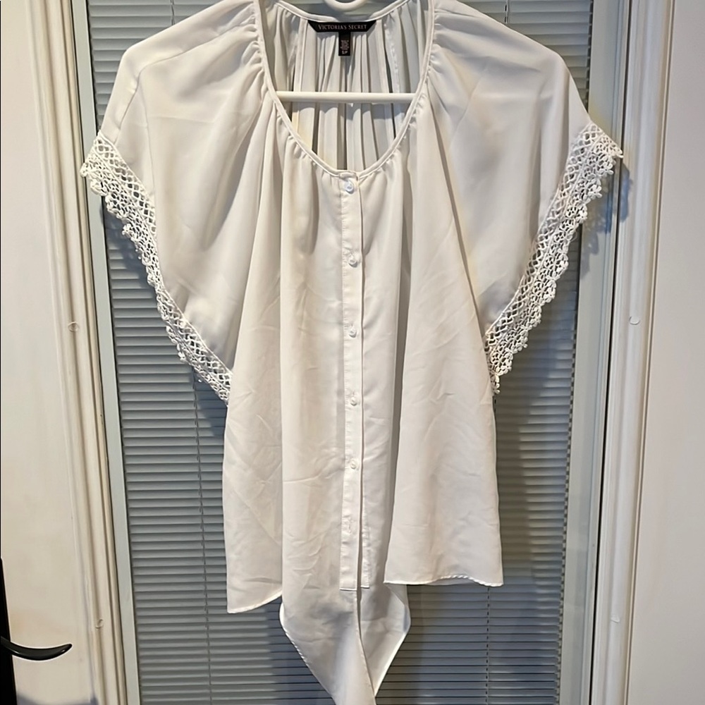 Victoria's Secret White Flutter Sleeve Blouse with Bib Collar